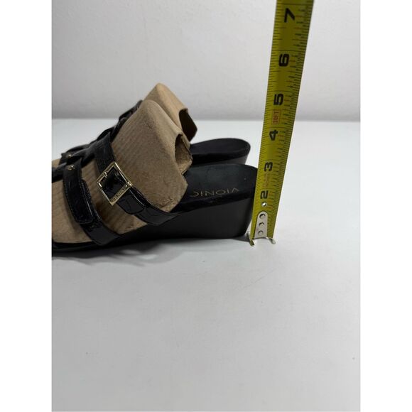 Vionic Radia Black Patent Croco Wedge Sandals Size 8 US Adjustable 3 Strap Gold - Picture 6 of 11